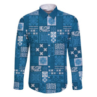 Vintage Hawaiian Quilting Patterns Family Matching Off The Shoulder Long Sleeve Dress and Hawaiian Shirt Blue Style Tribal Fabric Patchwork - Polynesian Pride