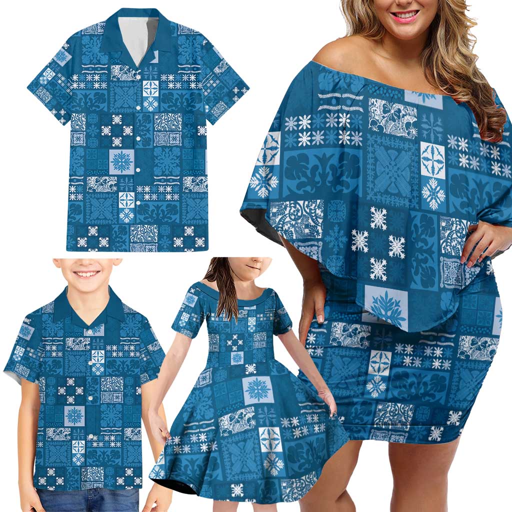 Vintage Hawaiian Quilting Patterns Family Matching Off Shoulder Short Dress and Hawaiian Shirt Blue Style Tribal Fabric Patchwork - Polynesian Pride