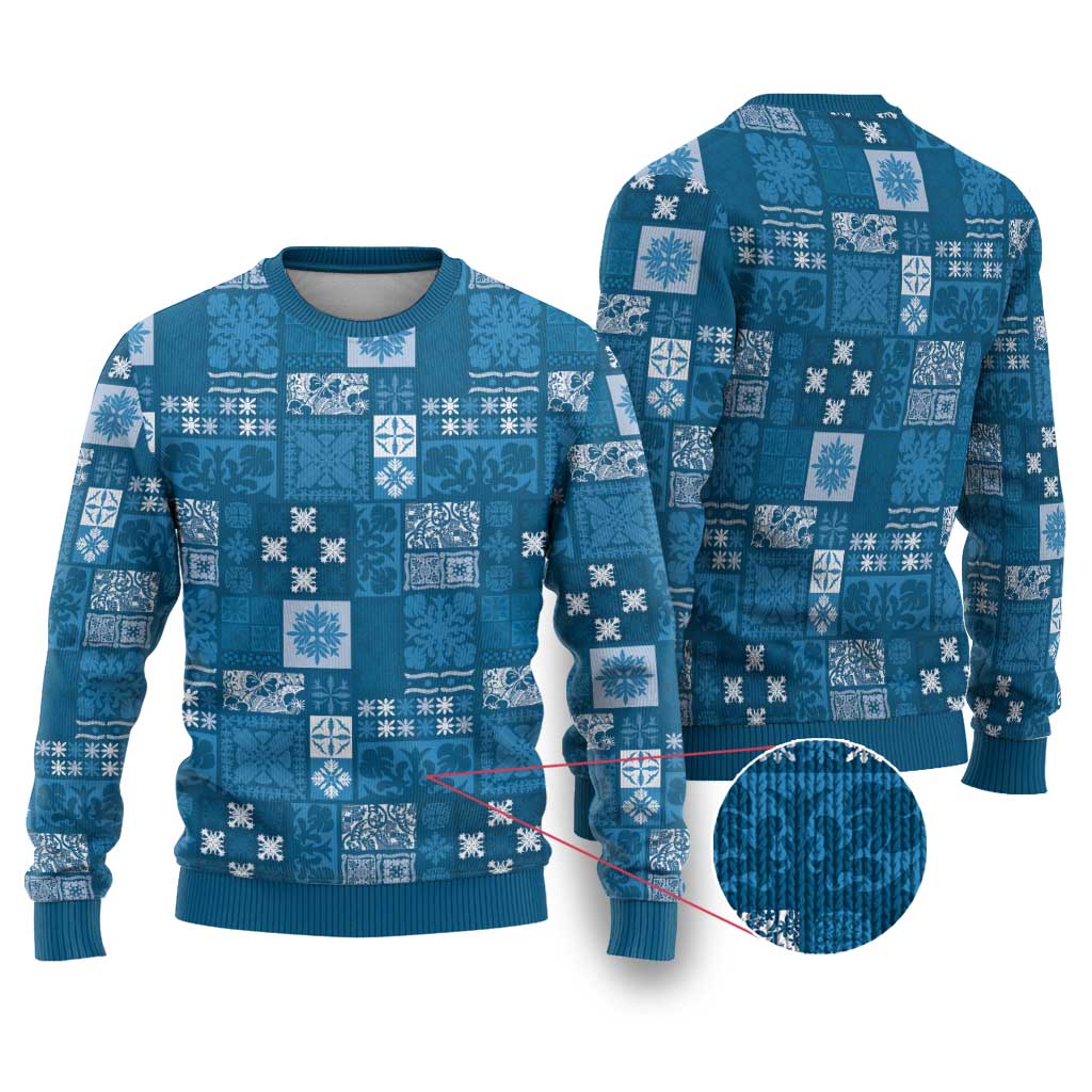 Vintage Hawaiian Quilting Patterns Ugly Christmas Sweater Blue Style Tribal Fabric Patchwork - Polynesian Pride