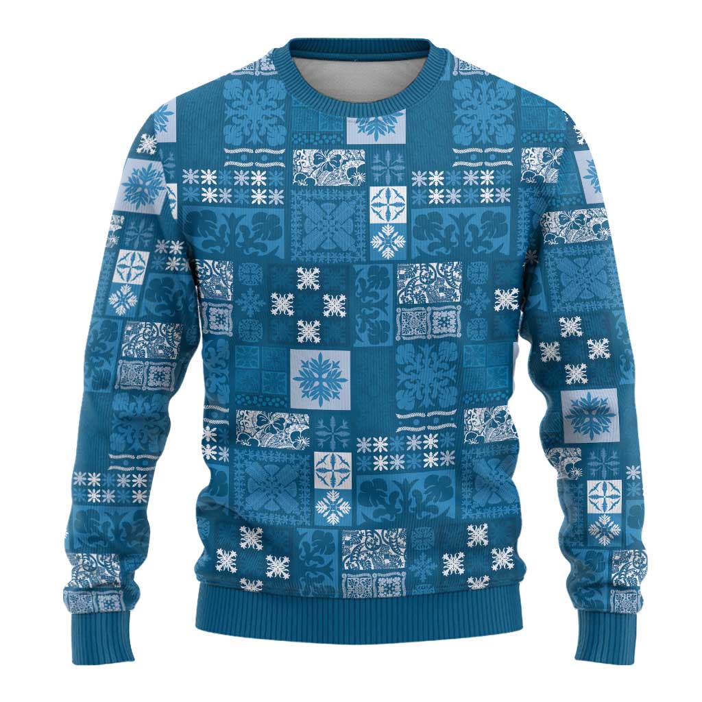 Vintage Hawaiian Quilting Patterns Ugly Christmas Sweater Blue Style Tribal Fabric Patchwork - Polynesian Pride