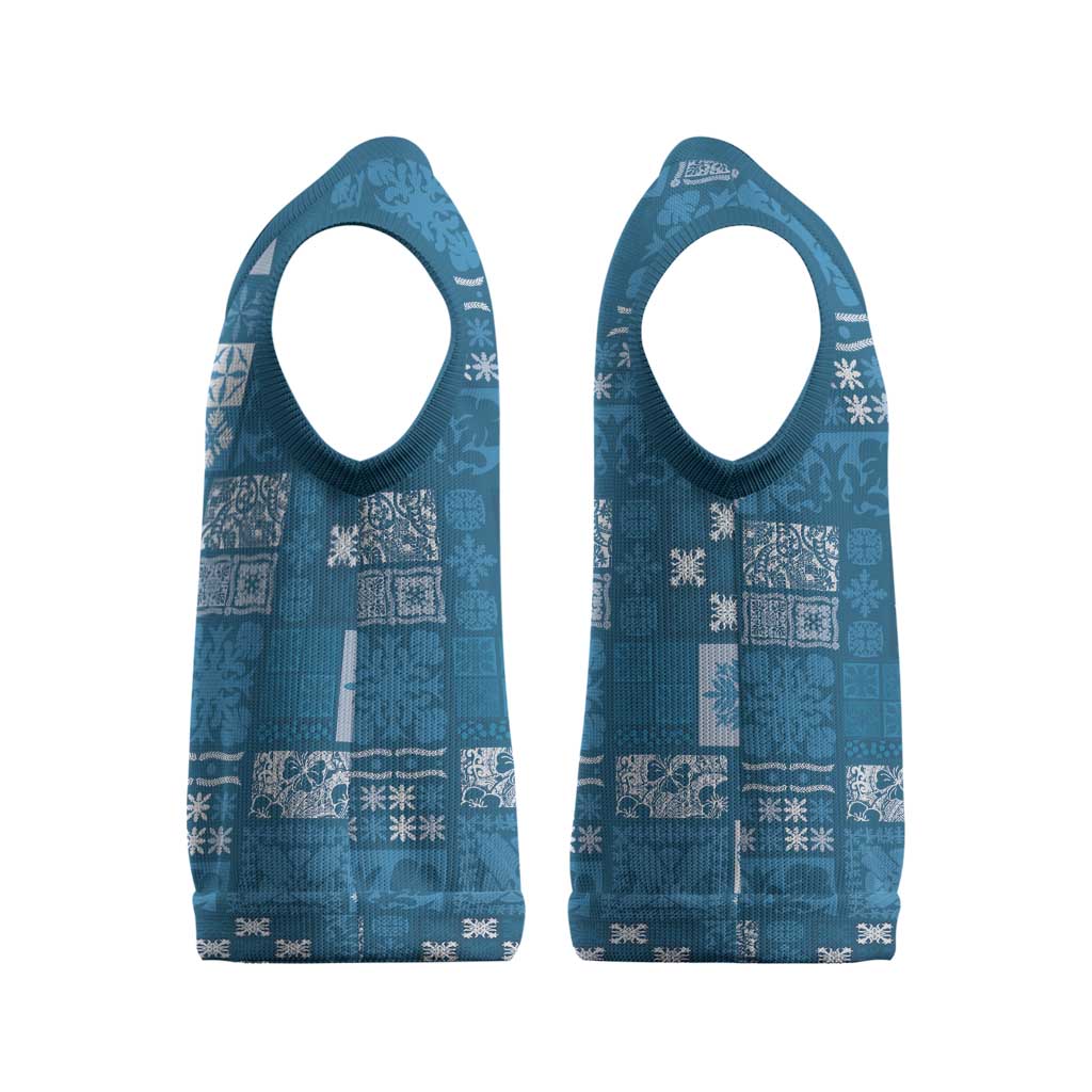 Vintage Hawaiian Quilting Patterns Christmas Knitted V-Neck Vest Blue Style Tribal Fabric Patchwork - Polynesian Pride