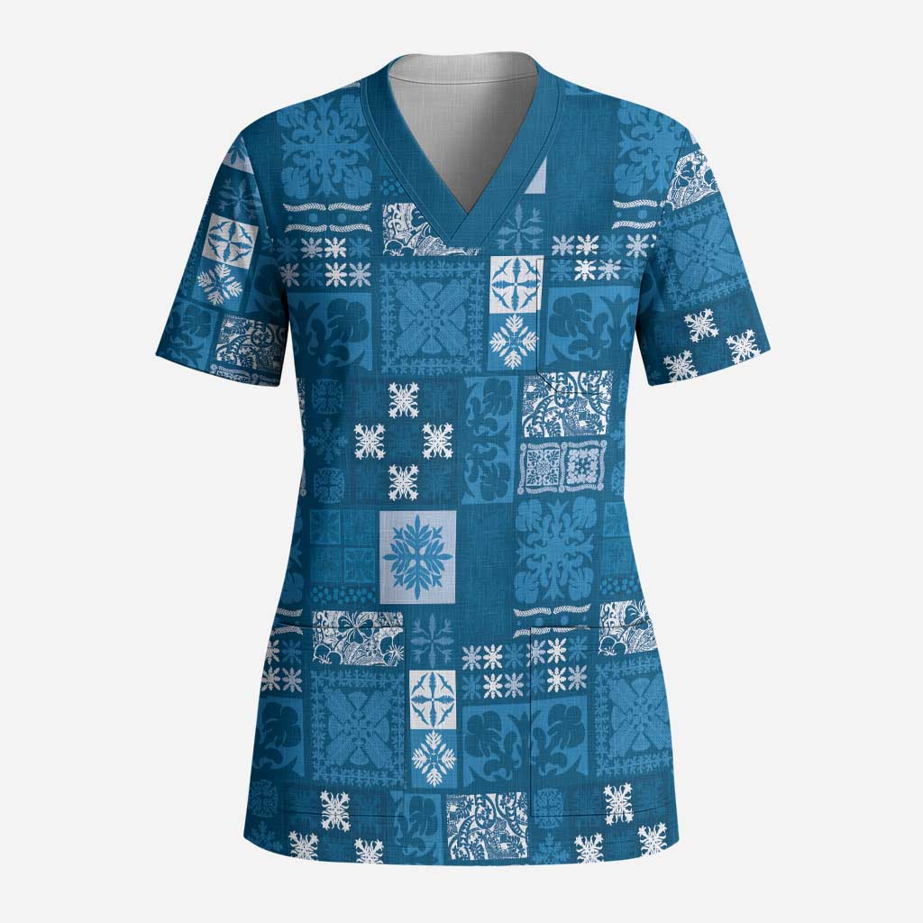 Vintage Hawaiian Quilting Patterns Scrub Top Blue Style Tribal Fabric Patchwork - Polynesian Pride