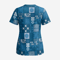 Vintage Hawaiian Quilting Patterns Scrub Top Blue Style Tribal Fabric Patchwork - Polynesian Pride