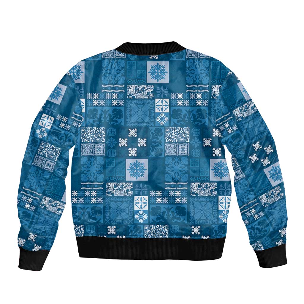 Vintage Hawaiian Quilting Patterns Sleeve Zip Bomber Jacket Blue Style Tribal Fabric Patchwork - Polynesian Pride