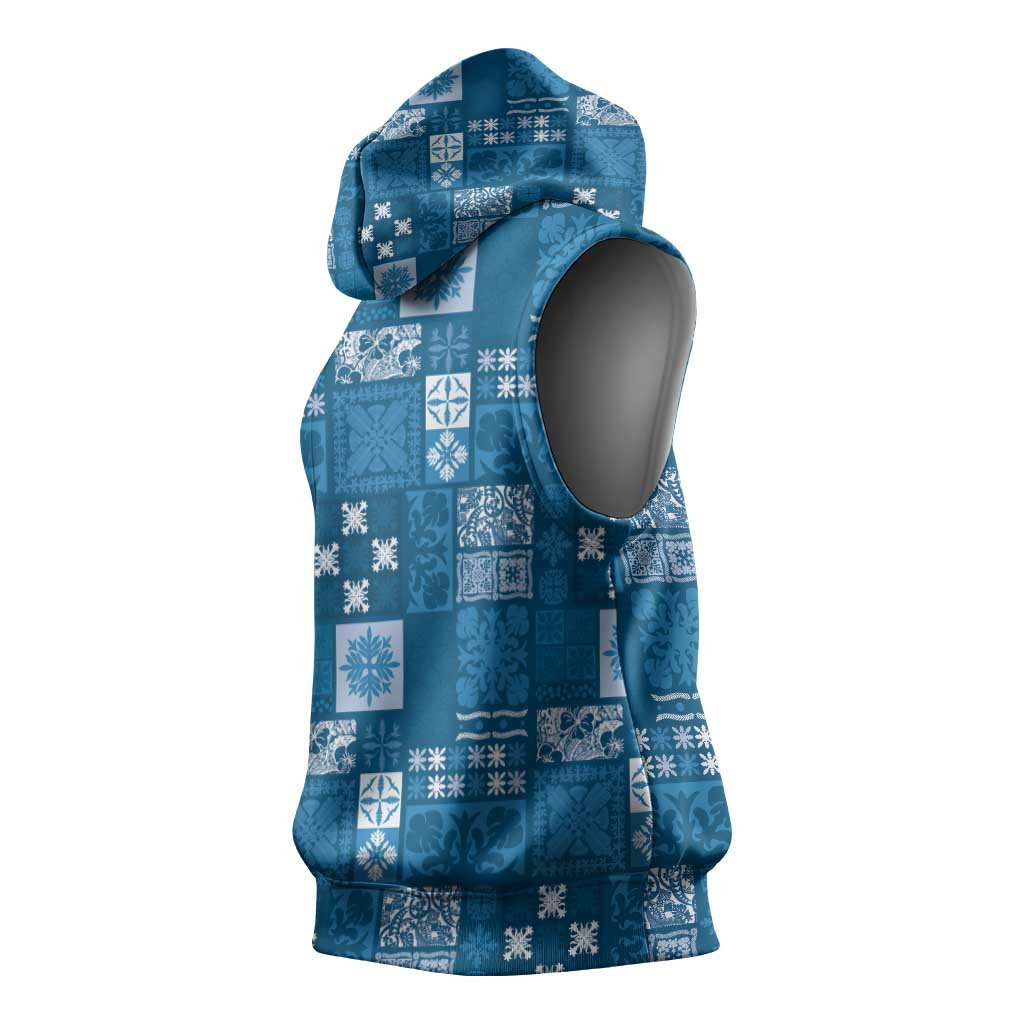 Vintage Hawaiian Quilting Patterns Sleeveless Hoodie Blue Style Tribal Fabric Patchwork - Polynesian Pride