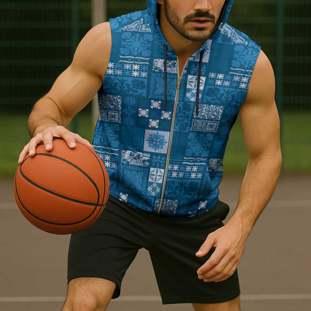Vintage Hawaiian Quilting Patterns Sleeveless Zip Hoodie Blue Style Tribal Fabric Patchwork - Polynesian Pride