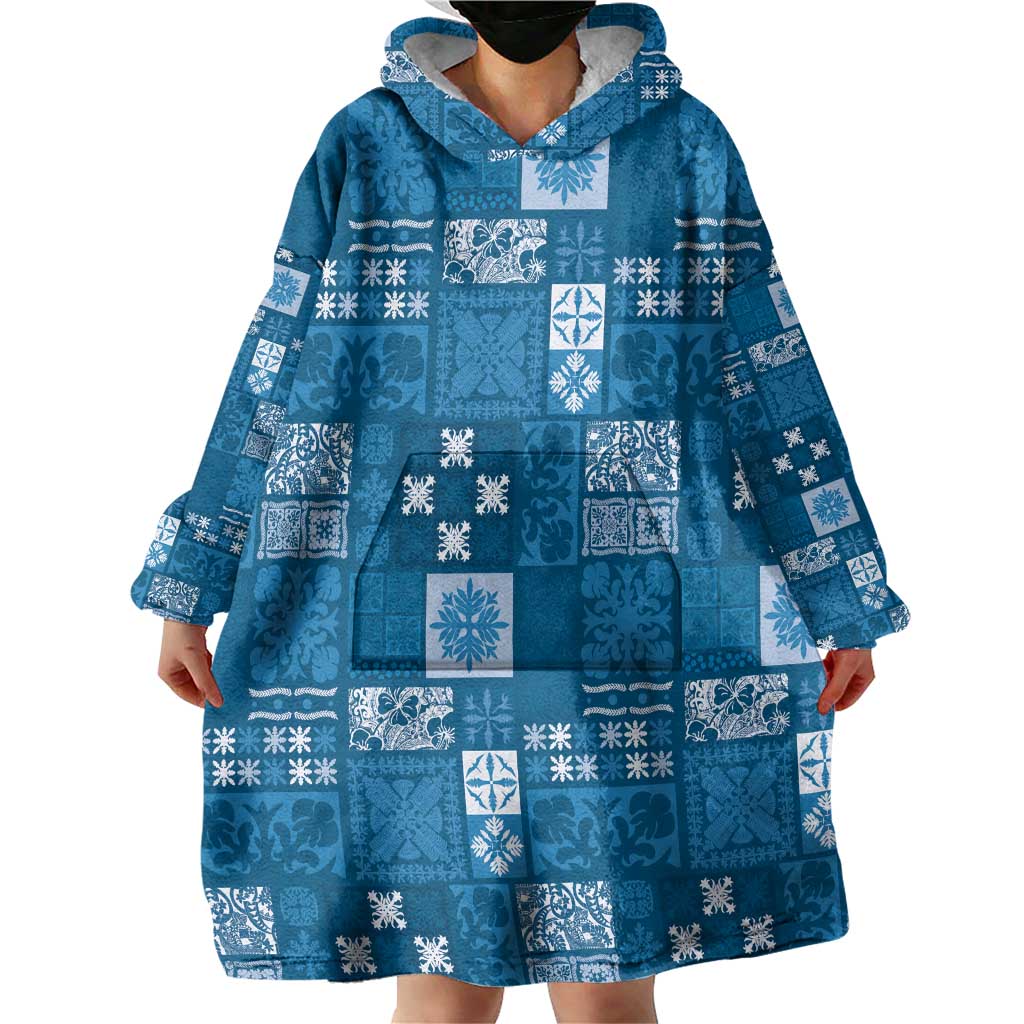Vintage Hawaiian Quilting Patterns Wearable Blanket Hoodie Blue Style Tribal Fabric Patchwork - Polynesian Pride
