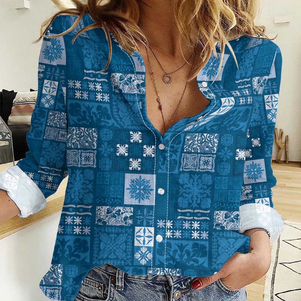 Vintage Hawaiian Quilting Patterns Women Casual Shirt Blue Style Tribal Fabric Patchwork - Polynesian Pride