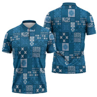 Vintage Hawaiian Quilting Patterns Zipper Polo Shirt Blue Style Tribal Fabric Patchwork - Polynesian Pride