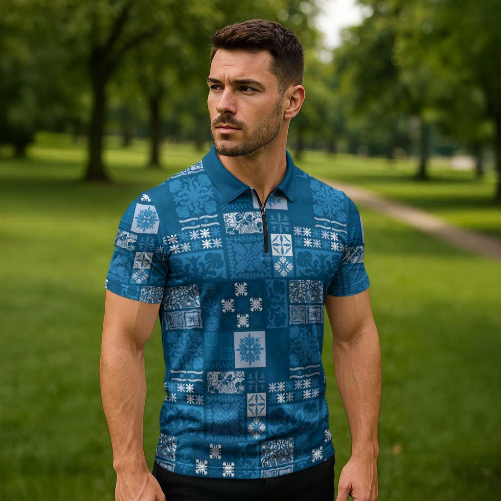 Vintage Hawaiian Quilting Patterns Zipper Polo Shirt Blue Style Tribal Fabric Patchwork - Polynesian Pride