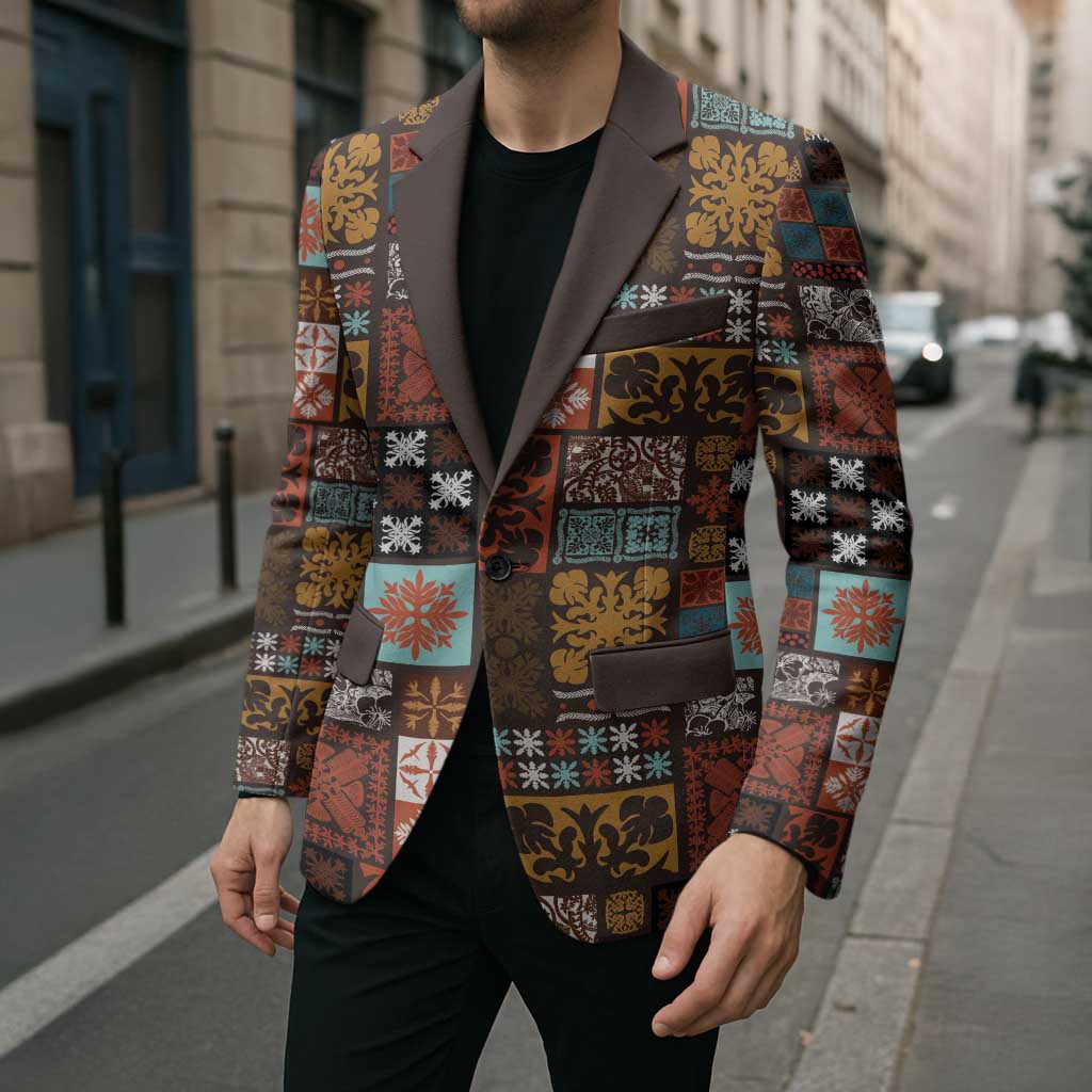 Vintage Hawaiian Quilting Patterns Blazer Brown Style Tribal Fabric Patchwork - Polynesian Pride