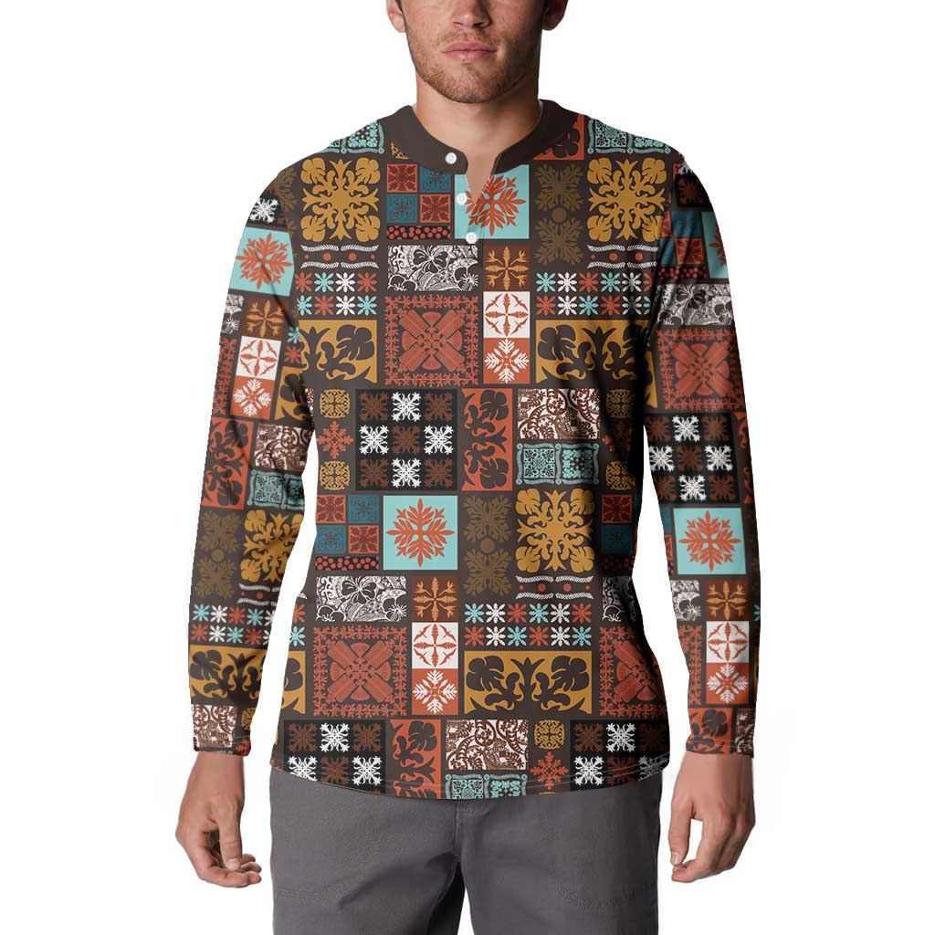 Vintage Hawaiian Quilting Patterns Button Sweatshirt Brown Style Tribal Fabric Patchwork - Polynesian Pride