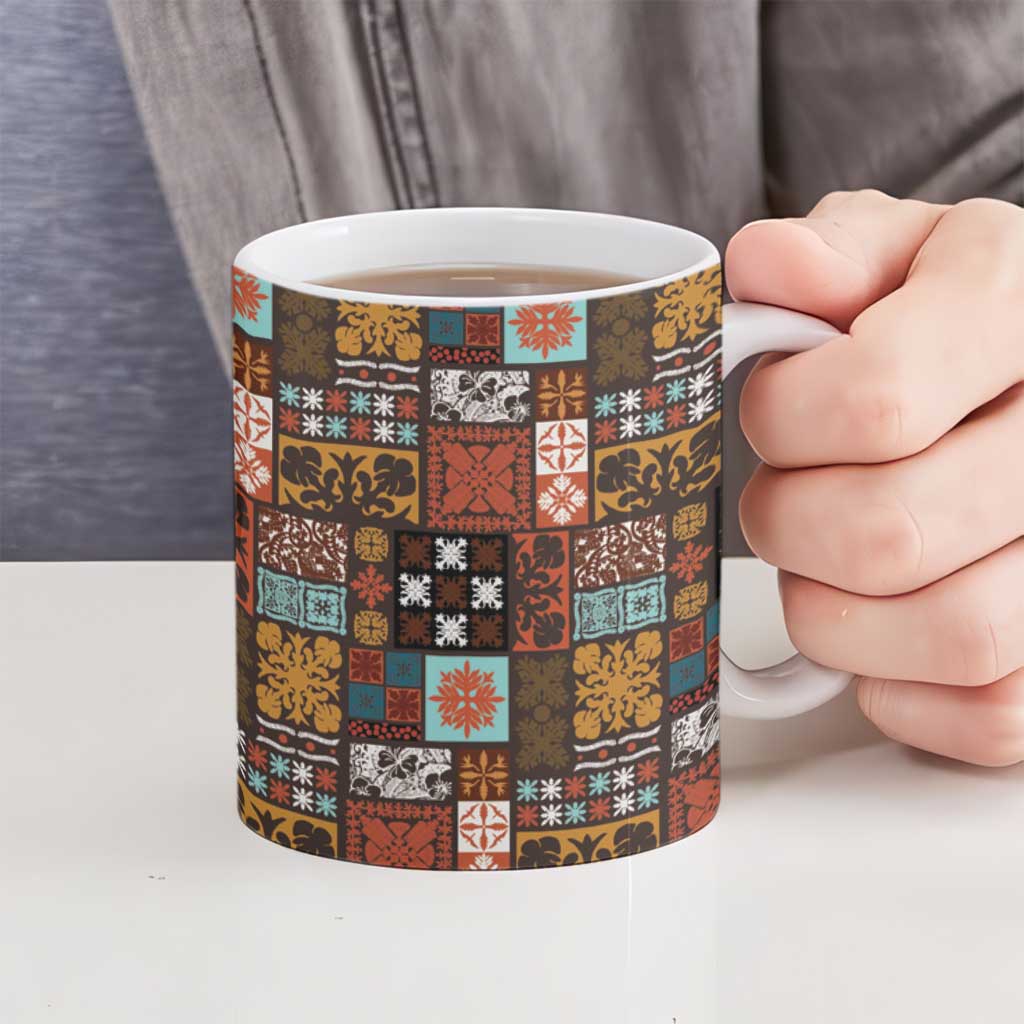 Vintage Hawaiian Quilting Patterns Ceramic Mug Brown Style Tribal Fabric Patchwork - Polynesian Pride