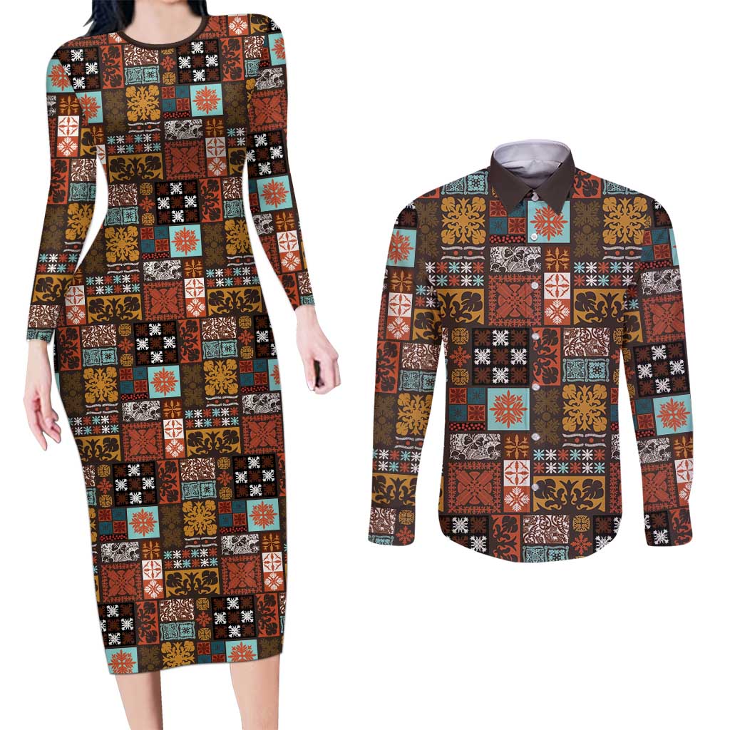 Vintage Hawaiian Quilting Patterns Couples Matching Long Sleeve Bodycon Dress and Long Sleeve Button Shirt Brown Style Tribal Fabric Patchwork - Polynesian Pride