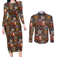 Vintage Hawaiian Quilting Patterns Couples Matching Long Sleeve Bodycon Dress and Long Sleeve Button Shirt Brown Style Tribal Fabric Patchwork - Polynesian Pride
