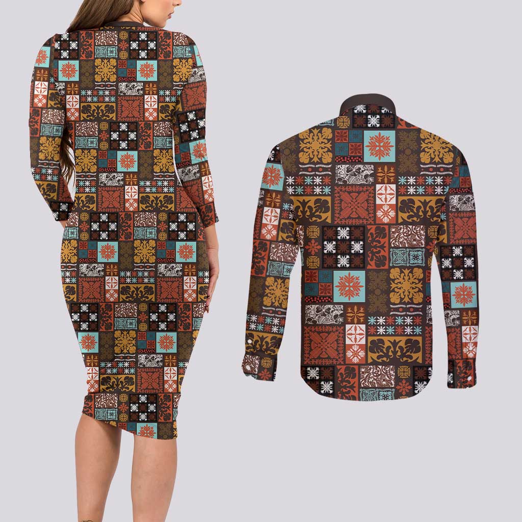 Vintage Hawaiian Quilting Patterns Couples Matching Long Sleeve Bodycon Dress and Long Sleeve Button Shirt Brown Style Tribal Fabric Patchwork - Polynesian Pride