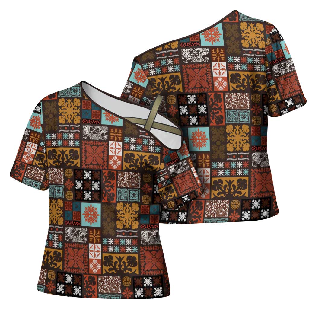 Vintage Hawaiian Quilting Patterns Cross Shoulder Shirt Brown Style Tribal Fabric Patchwork - Polynesian Pride