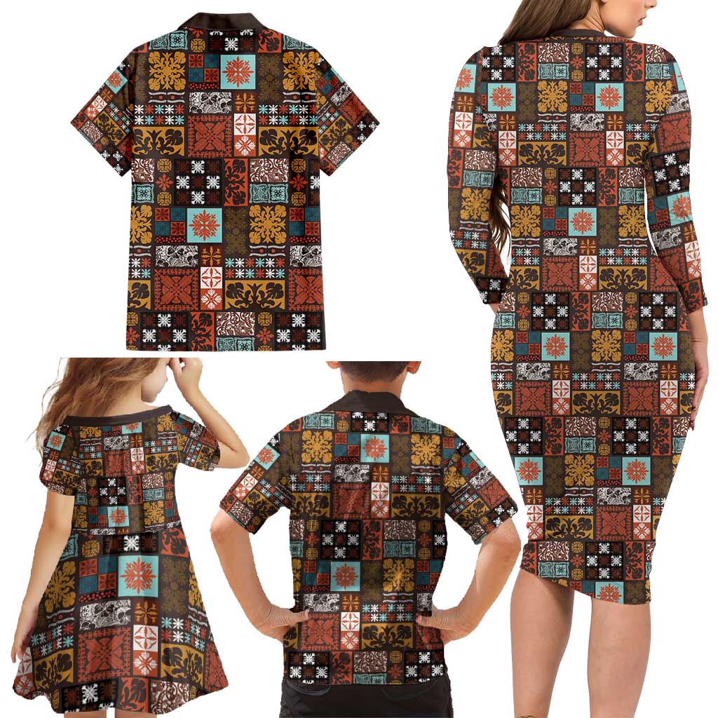 Vintage Hawaiian Quilting Patterns Family Matching Long Sleeve Bodycon Dress and Hawaiian Shirt Brown Style Tribal Fabric Patchwork - Polynesian Pride