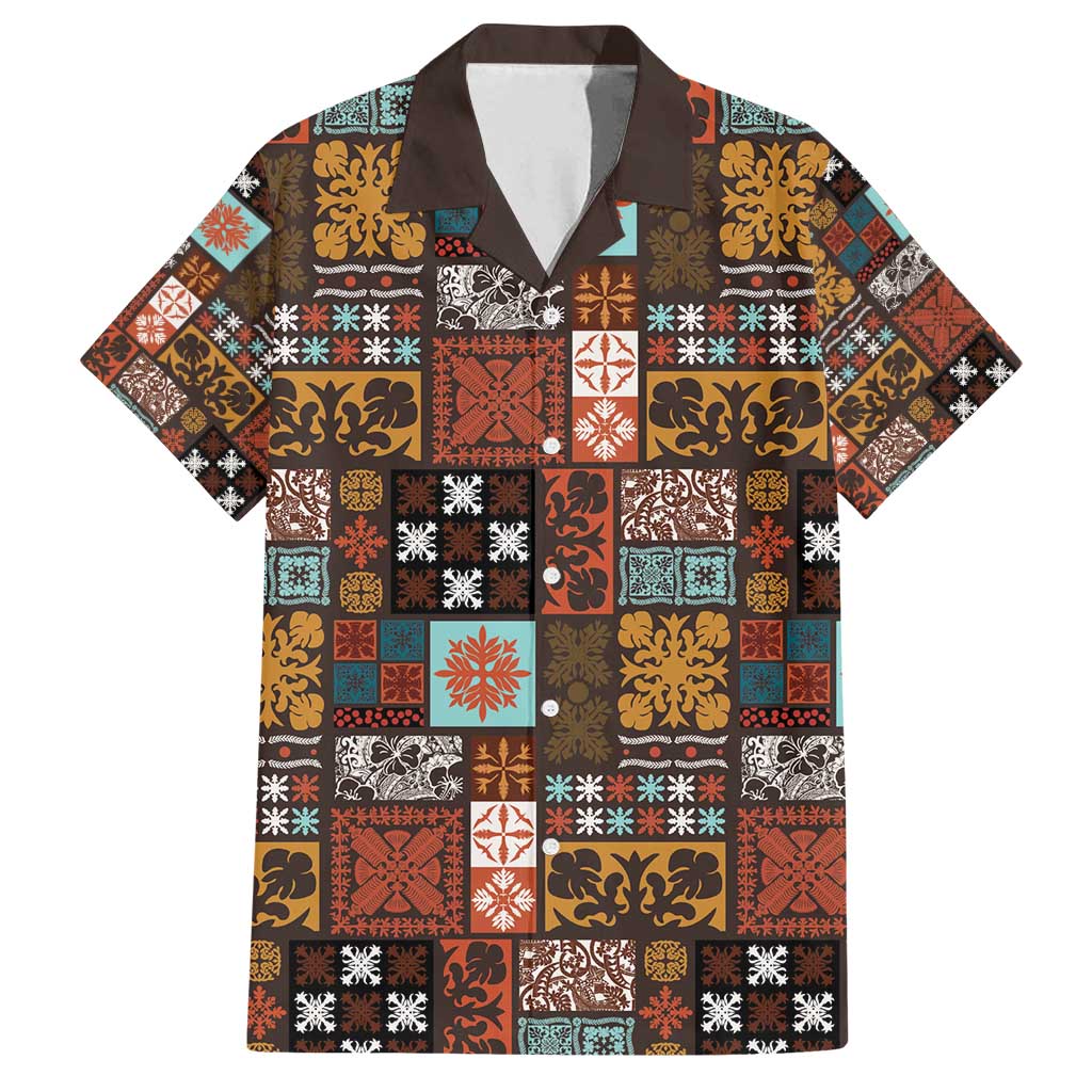 Vintage Hawaiian Quilting Patterns Family Matching Off Shoulder Short Dress and Hawaiian Shirt Brown Style Tribal Fabric Patchwork - Polynesian Pride