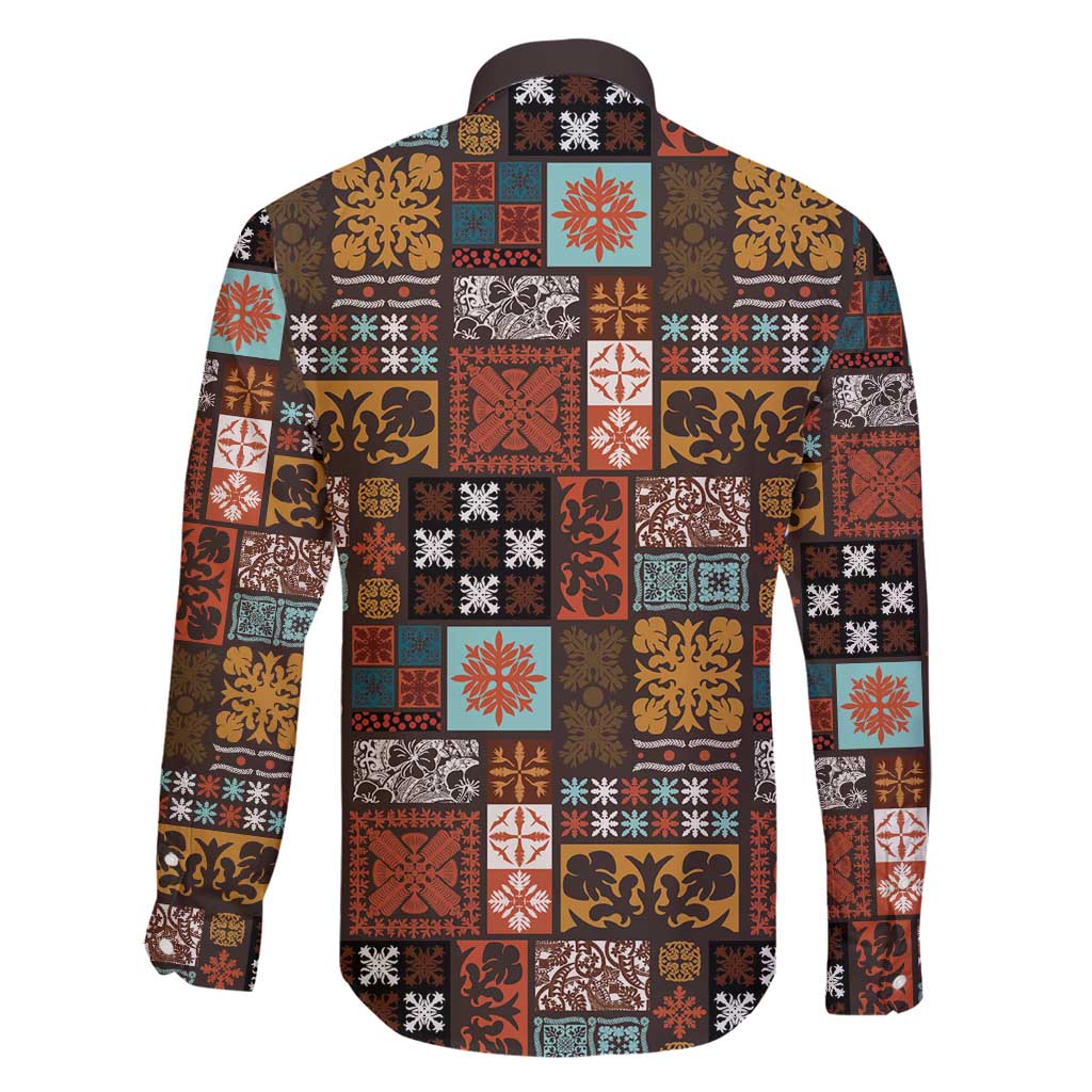 Vintage Hawaiian Quilting Patterns Family Matching Off Shoulder Short Dress and Hawaiian Shirt Brown Style Tribal Fabric Patchwork - Polynesian Pride