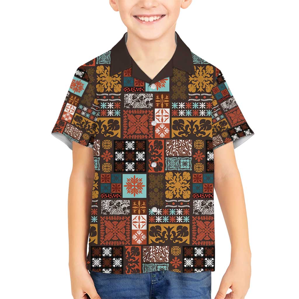 Vintage Hawaiian Quilting Patterns Family Matching Puletasi and Hawaiian Shirt Brown Style Tribal Fabric Patchwork - Polynesian Pride