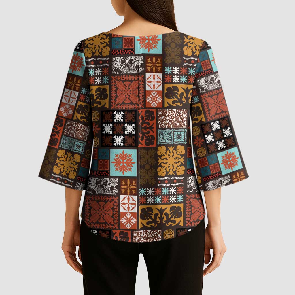 Vintage Hawaiian Quilting Patterns Kimono Sleeve Blouse Brown Style Tribal Fabric Patchwork - Polynesian Pride