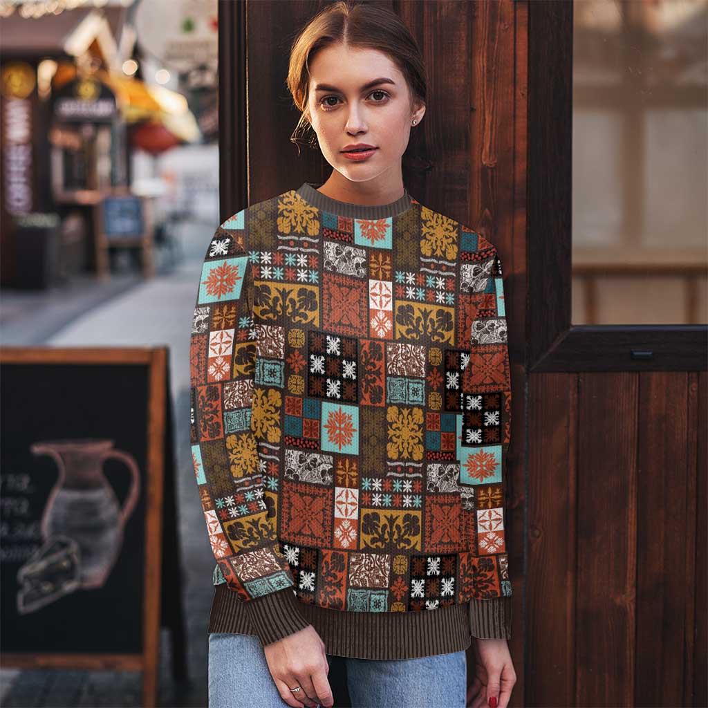 Vintage Hawaiian Quilting Patterns Ugly Christmas Sweater Brown Style Tribal Fabric Patchwork - Polynesian Pride