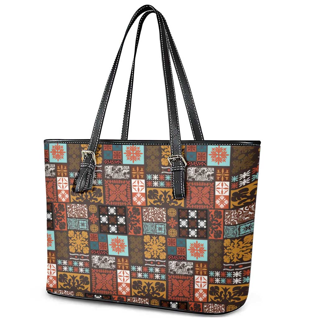 Vintage Hawaiian Quilting Patterns Leather Tote Bag Brown Style Tribal Fabric Patchwork - Polynesian Pride