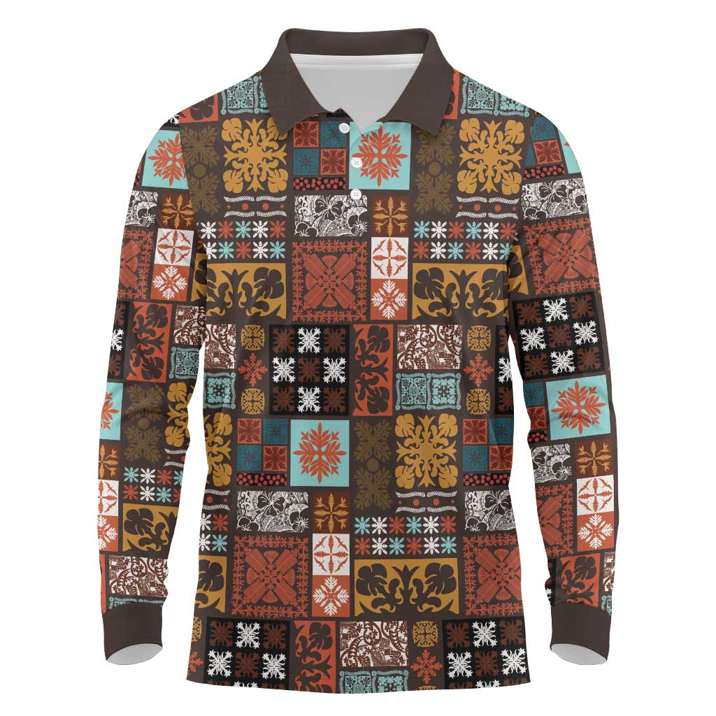 Vintage Hawaiian Quilting Patterns Long Sleeve Polo Shirt Brown Style Tribal Fabric Patchwork - Polynesian Pride
