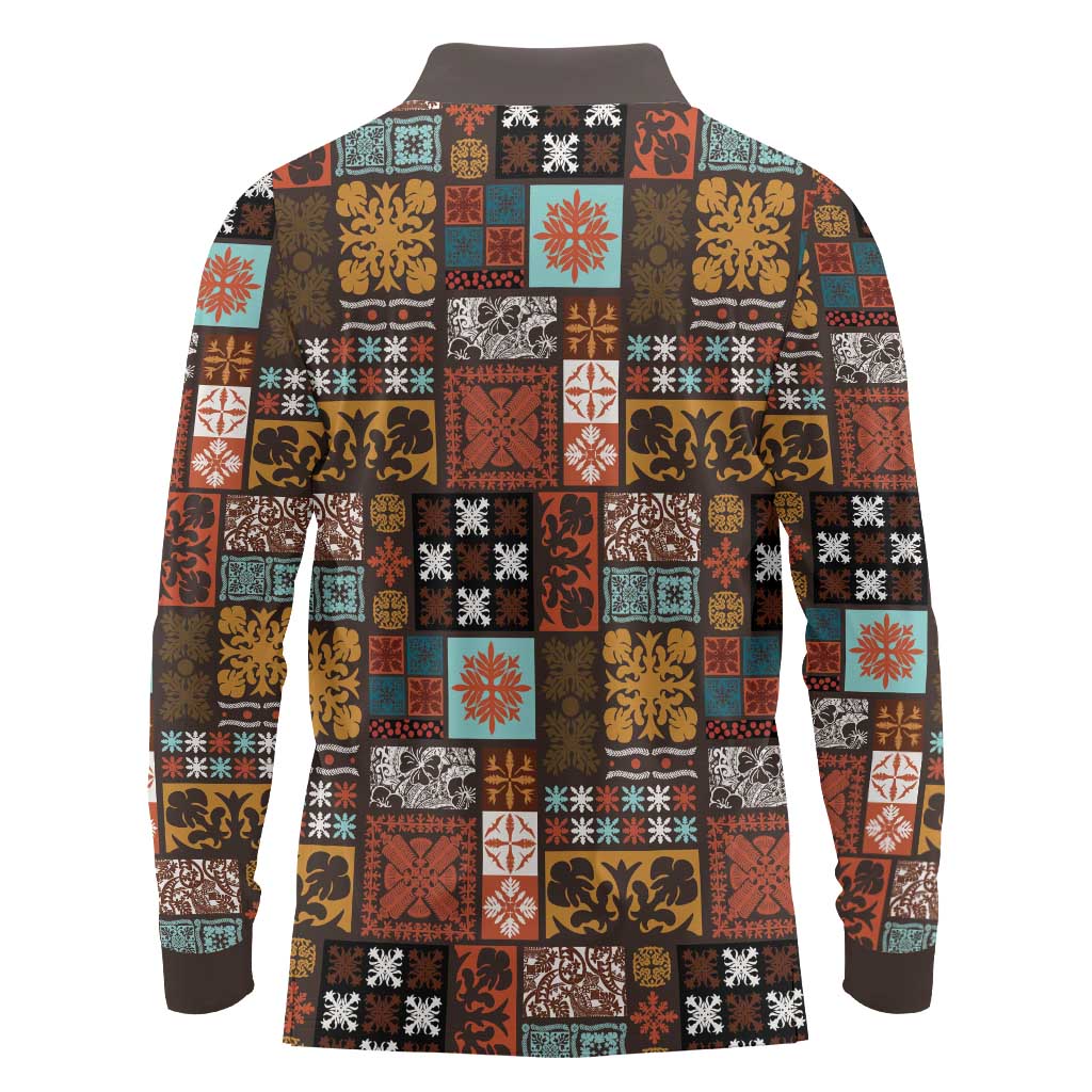 Vintage Hawaiian Quilting Patterns Long Sleeve Polo Shirt Brown Style Tribal Fabric Patchwork - Polynesian Pride