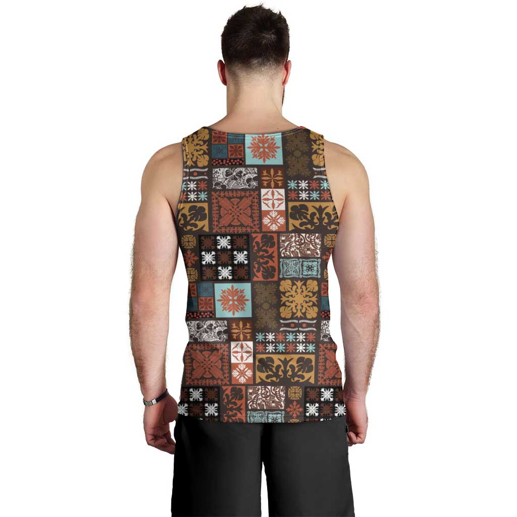 Vintage Hawaiian Quilting Patterns Men Tank Top Brown Style Tribal Fabric Patchwork - Polynesian Pride