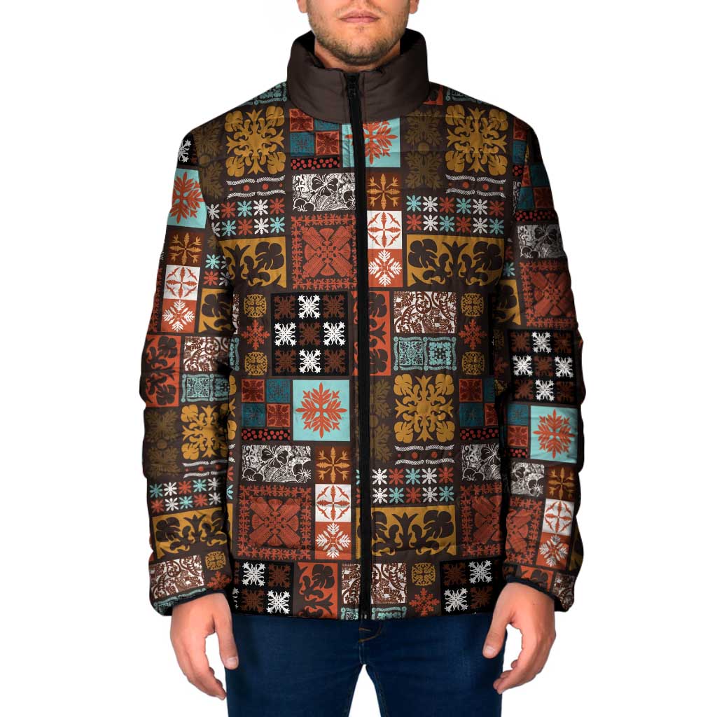 Vintage Hawaiian Quilting Patterns Padded Jacket Brown Style Tribal Fabric Patchwork - Polynesian Pride