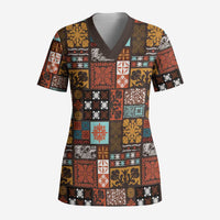 Vintage Hawaiian Quilting Patterns Scrub Top Brown Style Tribal Fabric Patchwork - Polynesian Pride