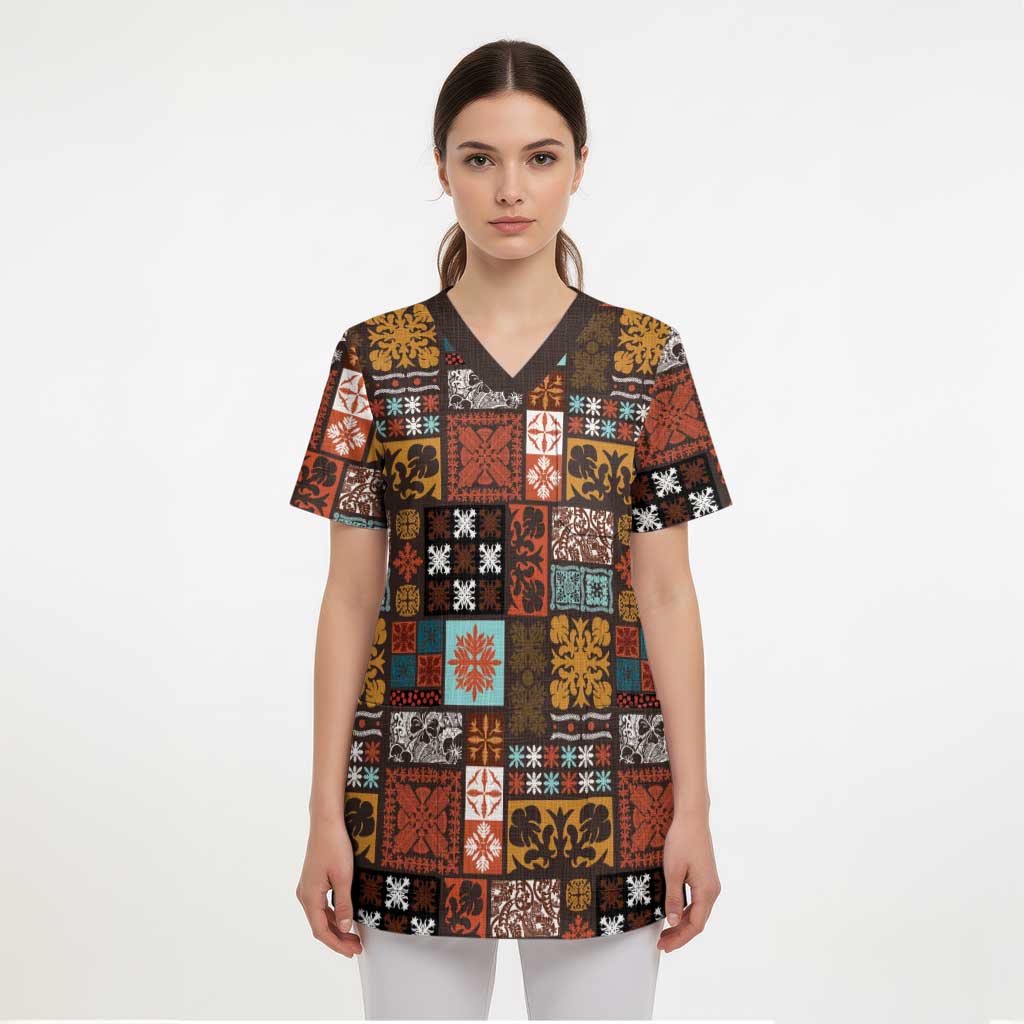 Vintage Hawaiian Quilting Patterns Scrub Top Brown Style Tribal Fabric Patchwork - Polynesian Pride