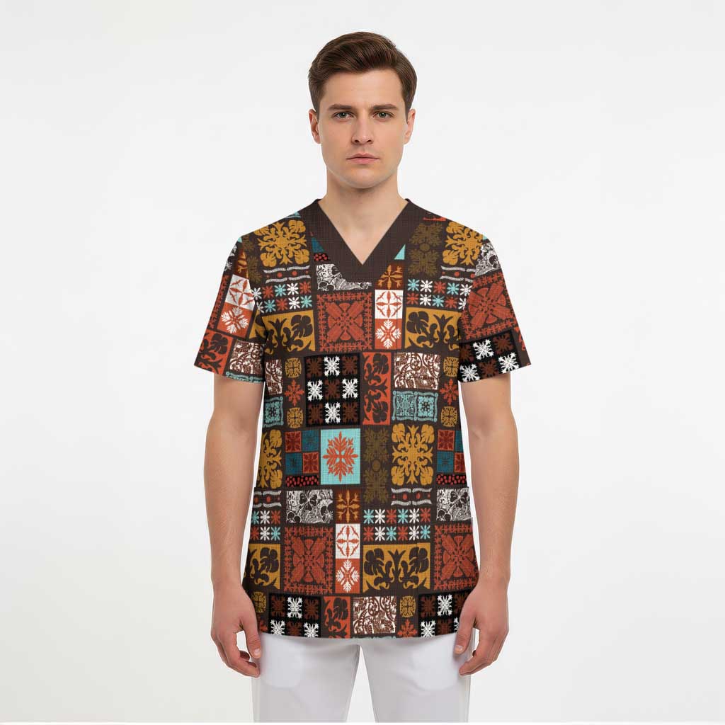 Vintage Hawaiian Quilting Patterns Scrub Top Brown Style Tribal Fabric Patchwork - Polynesian Pride
