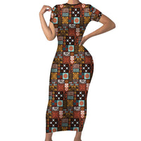 Vintage Hawaiian Quilting Patterns Short Sleeve Bodycon Dress Brown Style Tribal Fabric Patchwork - Polynesian Pride