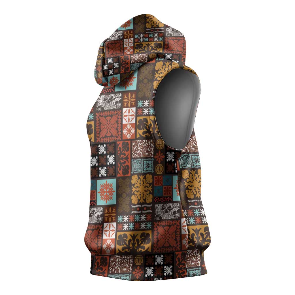 Vintage Hawaiian Quilting Patterns Sleeveless Hoodie Brown Style Tribal Fabric Patchwork - Polynesian Pride