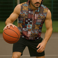 Vintage Hawaiian Quilting Patterns Sleeveless Zip Hoodie Brown Style Tribal Fabric Patchwork - Polynesian Pride