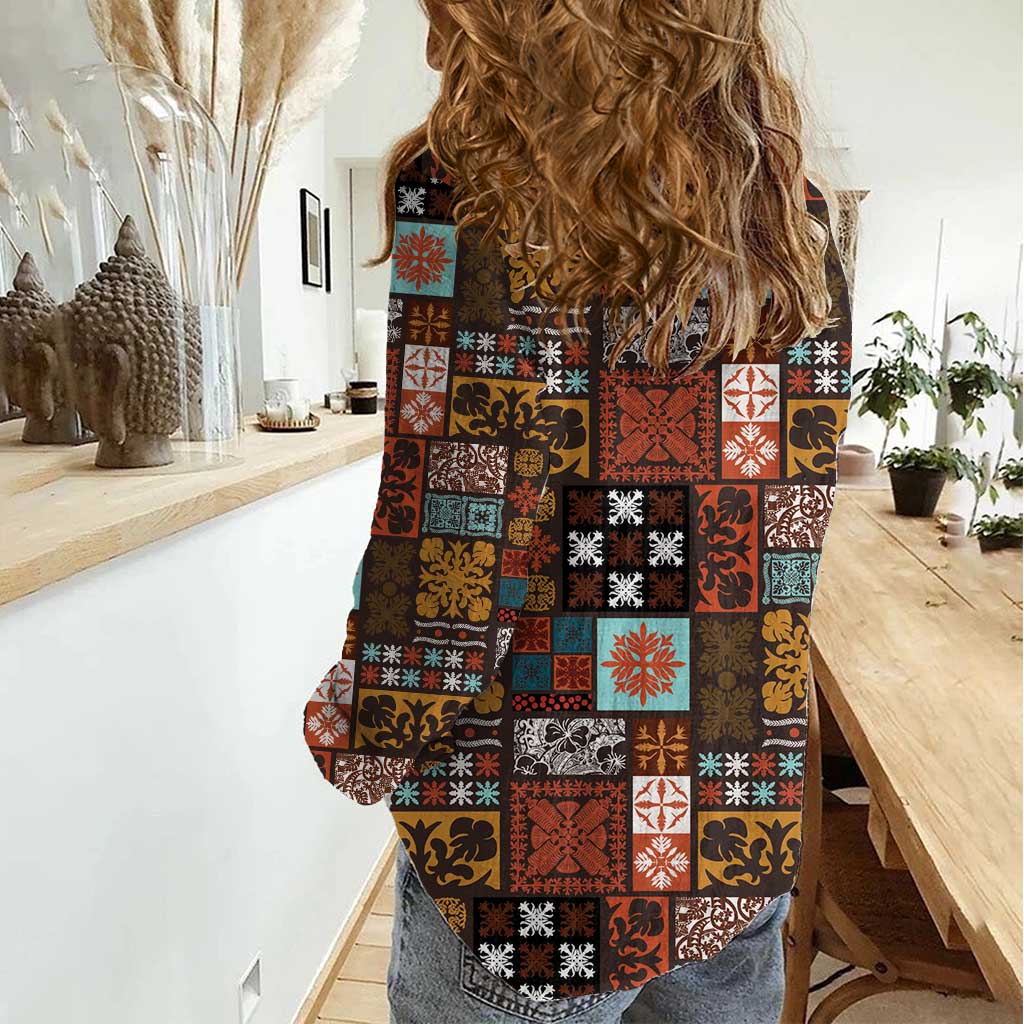 Vintage Hawaiian Quilting Patterns Women Casual Shirt Brown Style Tribal Fabric Patchwork - Polynesian Pride