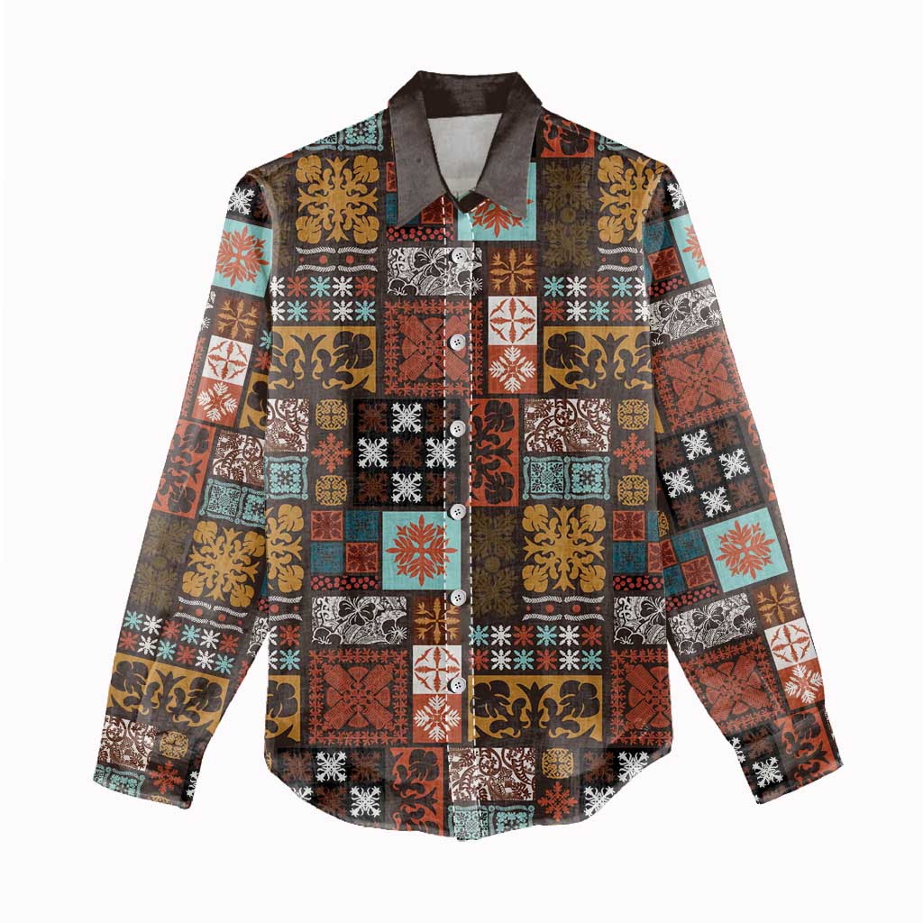 Vintage Hawaiian Quilting Patterns Women Casual Shirt Brown Style Tribal Fabric Patchwork - Polynesian Pride