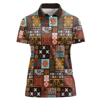 Vintage Hawaiian Quilting Patterns Women Polo Shirt Brown Style Tribal Fabric Patchwork - Polynesian Pride