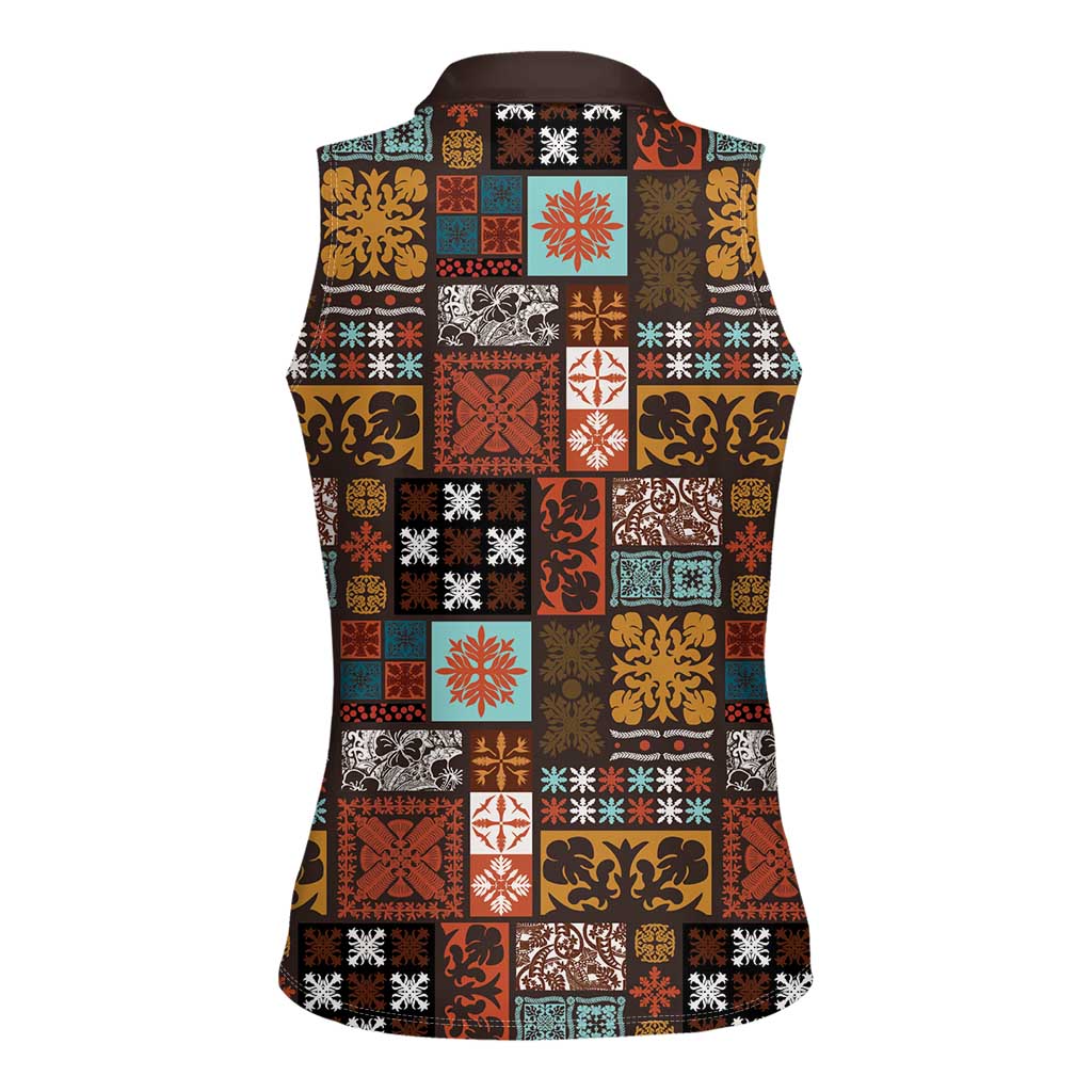 Vintage Hawaiian Quilting Patterns Women Sleeveless Polo Shirt Brown Style Tribal Fabric Patchwork - Polynesian Pride