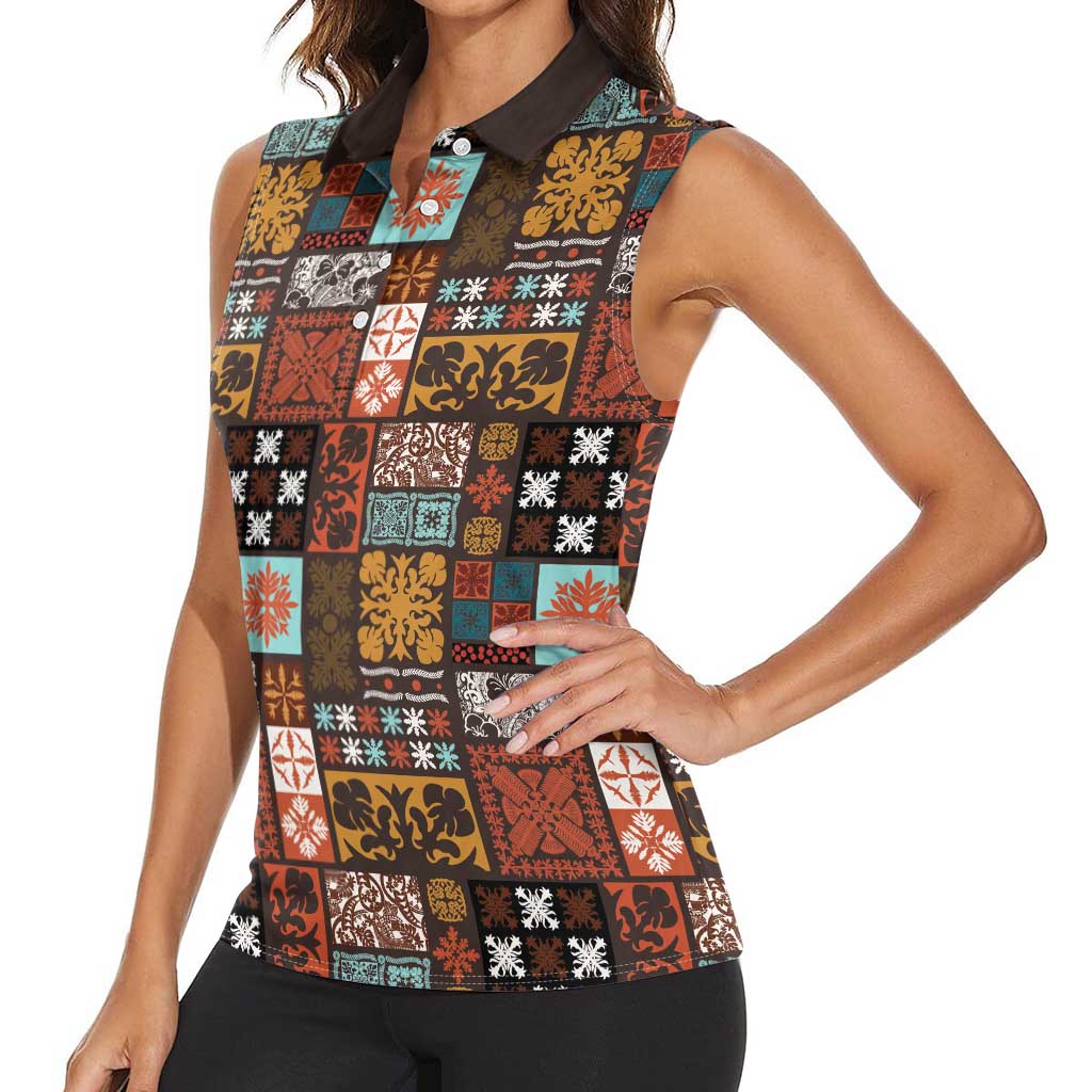 Vintage Hawaiian Quilting Patterns Women Sleeveless Polo Shirt Brown Style Tribal Fabric Patchwork - Polynesian Pride