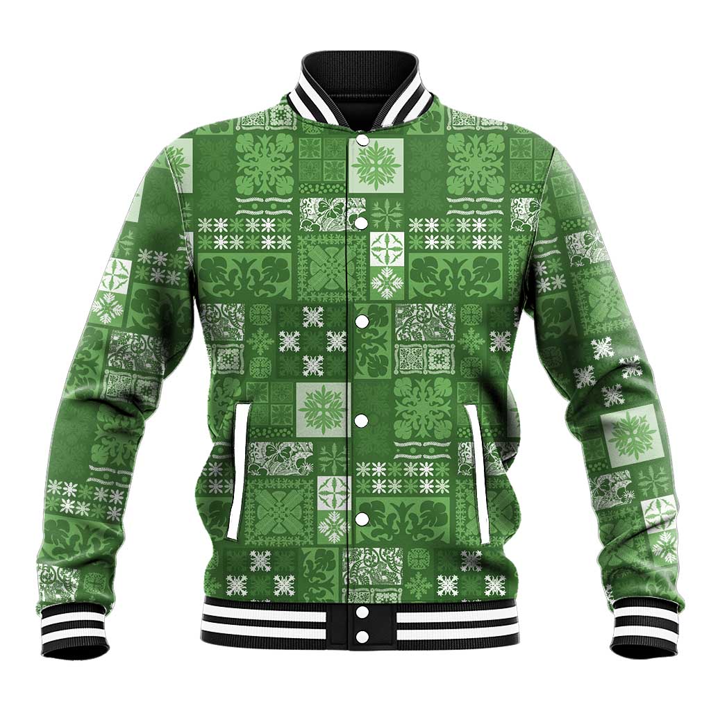 Vintage Hawaiian Quilting Patterns Baseball Jacket Green Style Tribal Fabric Patchwork - Polynesian Pride