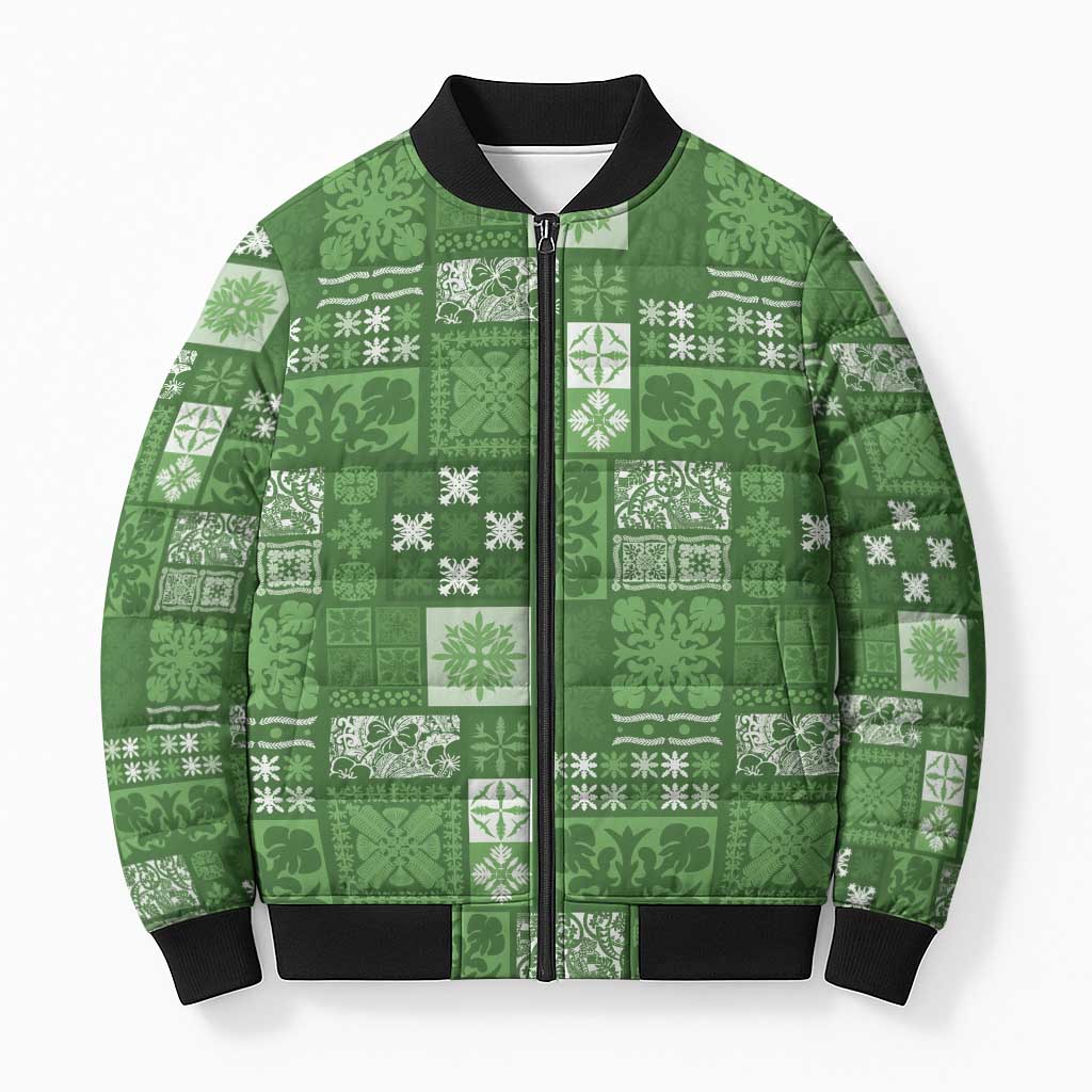 Vintage Hawaiian Quilting Patterns Bomber Puffer Jacket Green Style Tribal Fabric Patchwork - Polynesian Pride