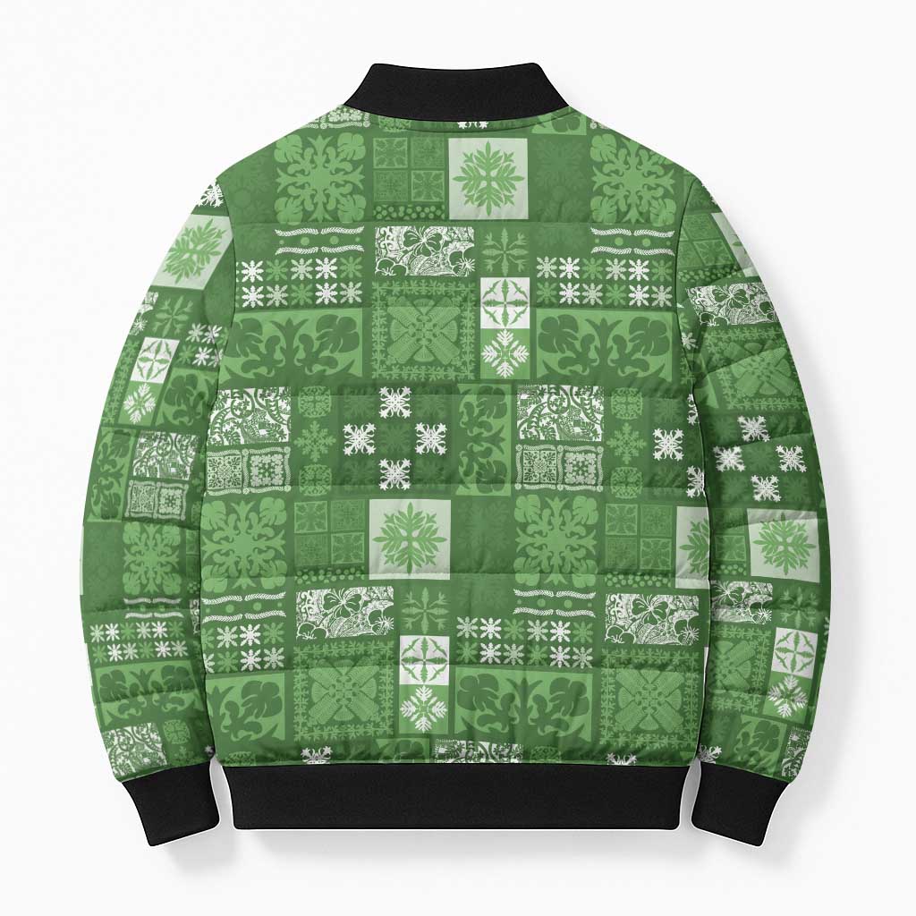 Vintage Hawaiian Quilting Patterns Bomber Puffer Jacket Green Style Tribal Fabric Patchwork - Polynesian Pride