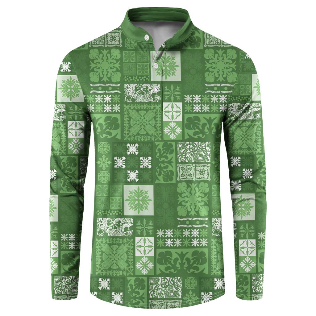Vintage Hawaiian Quilting Patterns Button Sweatshirt Green Style Tribal Fabric Patchwork - Polynesian Pride