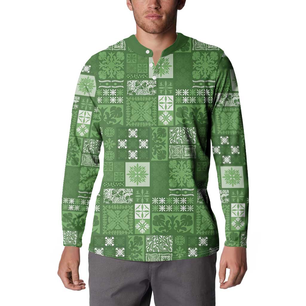 Vintage Hawaiian Quilting Patterns Button Sweatshirt Green Style Tribal Fabric Patchwork - Polynesian Pride