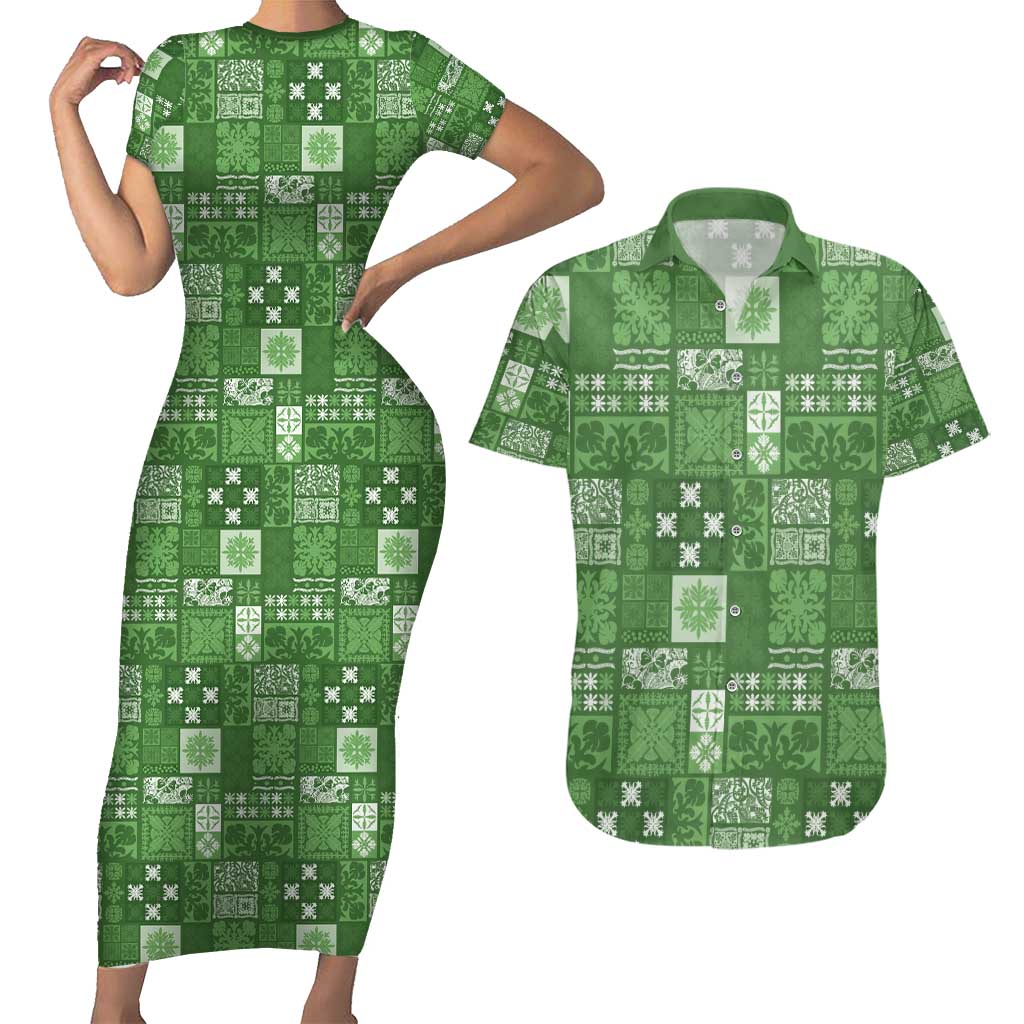 Vintage Hawaiian Quilting Patterns Couples Matching Short Sleeve Bodycon Dress and Hawaiian Shirt Green Style Tribal Fabric Patchwork - Polynesian Pride