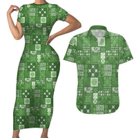 Vintage Hawaiian Quilting Patterns Couples Matching Short Sleeve Bodycon Dress and Hawaiian Shirt Green Style Tribal Fabric Patchwork - Polynesian Pride
